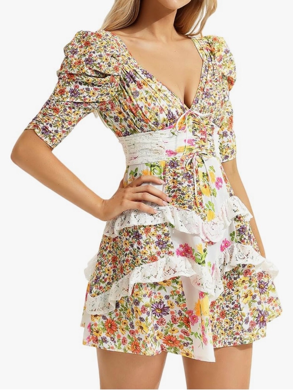 Cottagecore Floral V Neck Puff Sleeve Patchwork Mini Dress Women’s Size Small